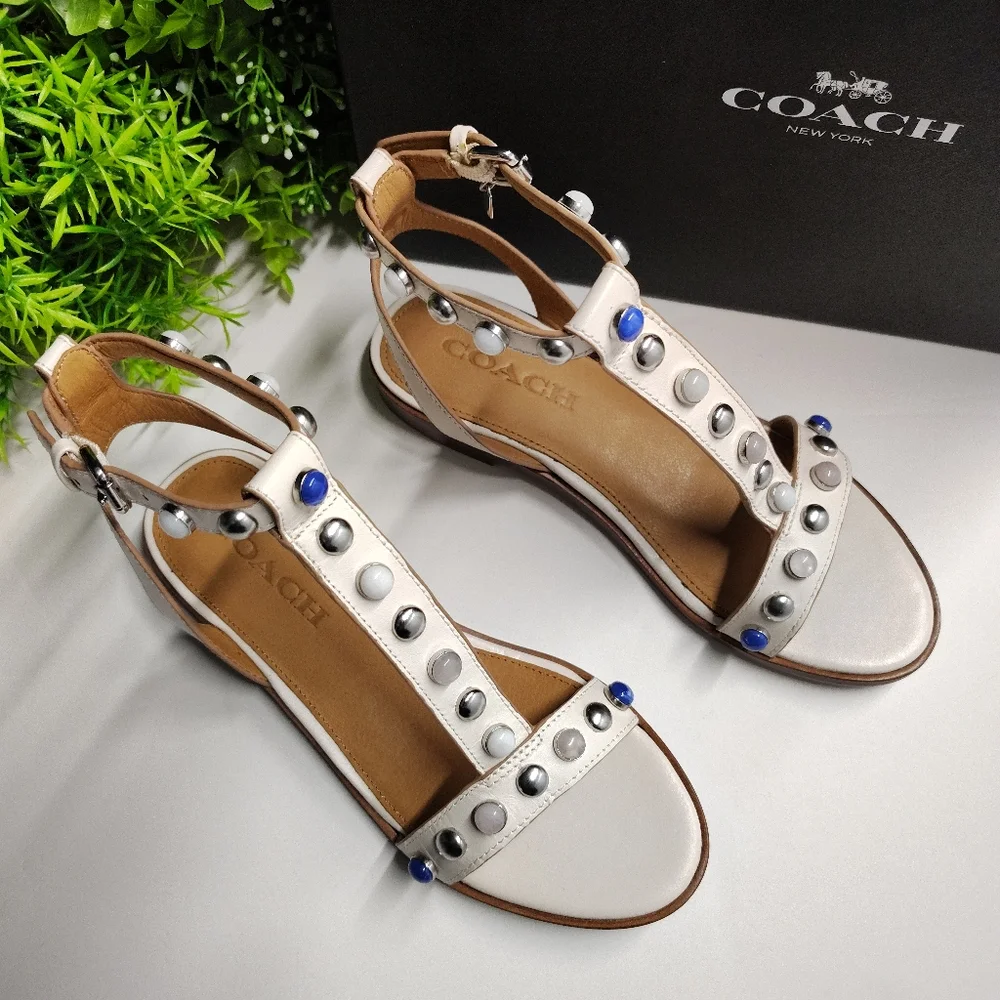 Coach Sadie T-Strap Sandals Chalk Leather Ankle Strap Q8973 NIB